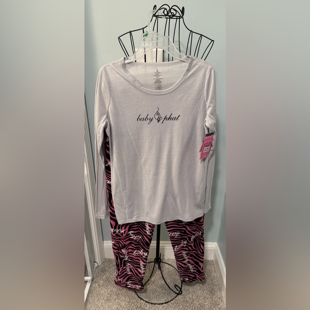 Baby Phat girls pajama set gray/pink animal print fleece bottom NWT Size 8/10 PJ